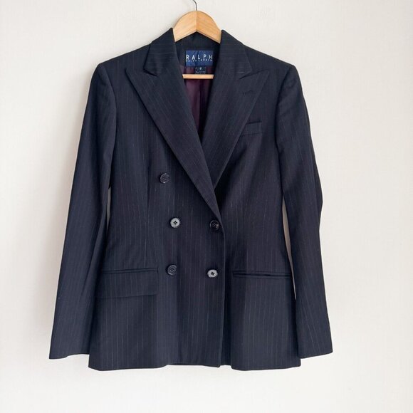 Vintage Ralph Ralph Lauren Double Breasted Pin Striped Navy Blue Blazer 8 - Picture 1 of 8